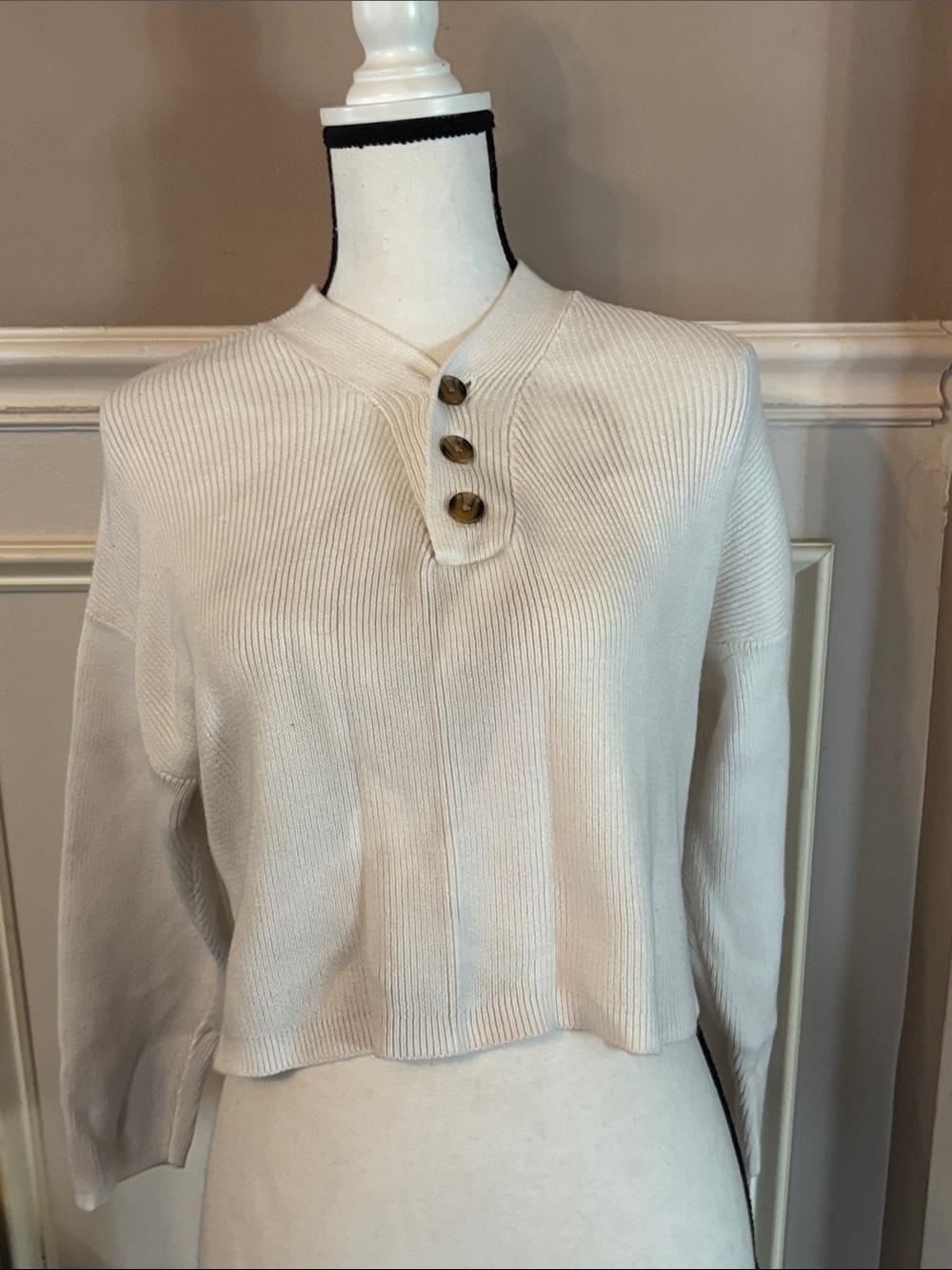 Kendall & Kylie Cream Ribbed Button-Neck Sweater